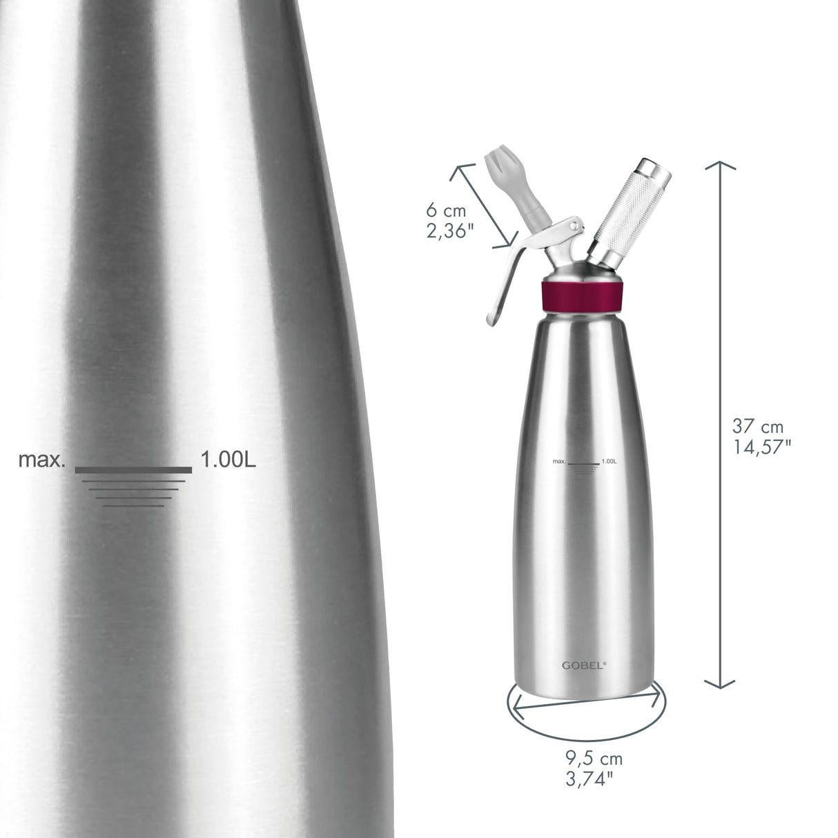 GOBEL - Sifón para la cocina profesional de acero inoxidable - Sifón para montar nata con recipiente y cabezal de acero inoxidable - 1 litro - Calidad profesional (cumple la norma NF D21-901)
