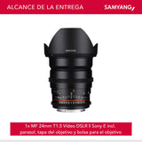 Samyang F1312806101 - Objetivo para vídeo VDSLR para Sony E (Distancia Focal Fija 24mm, Apertura T1.5-22 ED AS IF UMC II, diámetro Filtro: 77mm), Negro