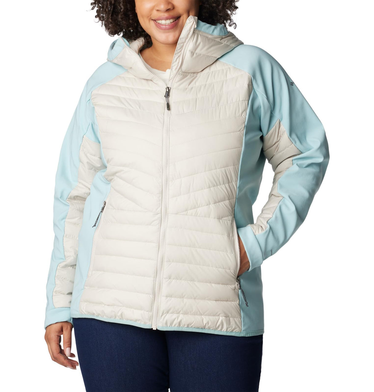 Columbia Powder Lite-Chaqueta híbrida con Capucha Acolchada, Mujer, Piedra Oscura, Aqua Haze, M