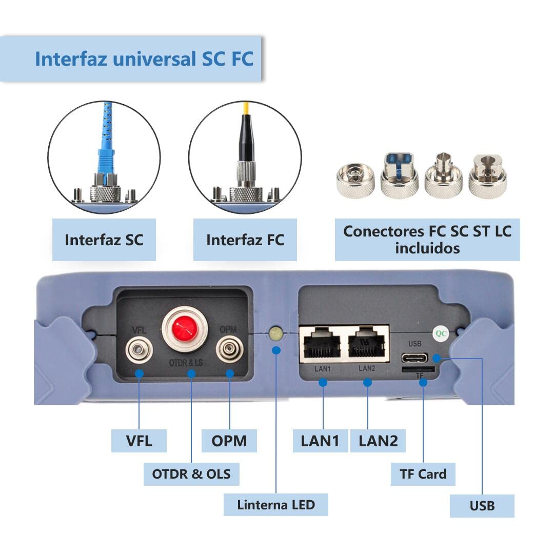 QIIRUN NK4000D Mini OTDR Fibra Optica 1310/1550nm 26/24dB con Pantalla Táctil de 4.3 pulgadas, 11-en-1 OTDR SM con VFL OPM OLS Mapa de Eventos RJ45, FC/UPC SC ST LC Conectores Incluidos