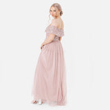 Maya Deluxe Maya Frosted Pink Bardot Embellished Maxi Dress Vestido de Dama de Honor, 10 para Mujer