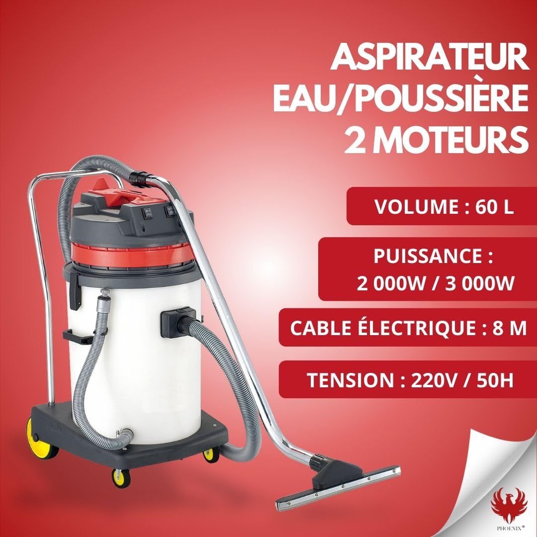 Phoenix – Aspirador de Agua y Polvo, 60 L, Aspirador astillero Potente 2000 W, Tanque de plástico, Accesorios incluidos Cable de 7 m, 2 Motores