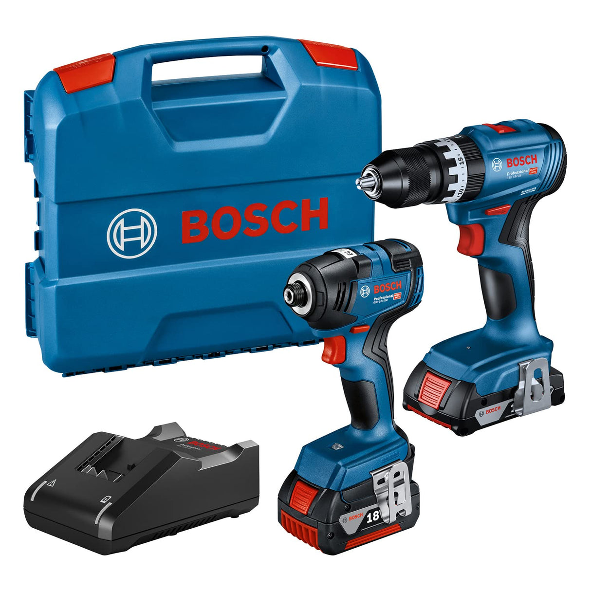 Bosch Professional 18V System GDR 18V-200 + GSB 18V-45 - Set atornillador de impacto + taladro percutor (1 batería 2.0 Ah, 1 batería 4.0 Ah, en maletín) - Amazon Exclusive