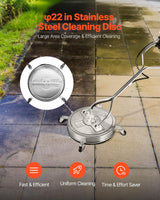 VEVOR Limpiador de Superficies con Hidrolavadora, Acero Inoxidable, 4 Ruedas, Forma Redondo, 27,58 Mpa máx., 2 Boquillas Rociadoras, Mango Doble, para Concreto, Patio, Acera, 558 x 558 x 1500 mm