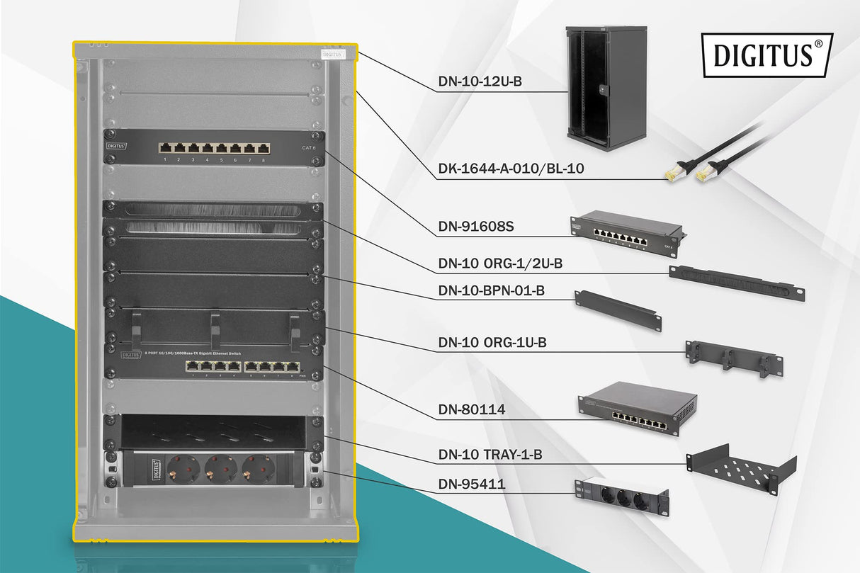DIGITUS Juego de 10 Pulgadas - Armario de Red 12U Serie Soho Negro - Estante - regleta de enchufes - Panel de Conexiones de 8 Puertos - conmutador gigabit de 8 Puertos