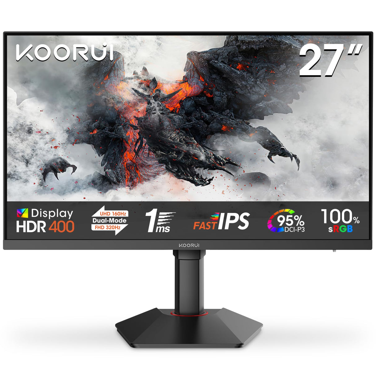 KOORUI G2741L 27" Monitor Gaming, UHD 2160P 160Hz / FHD 1080P 320Hz (Fast IPS, 1ms, Adaptive Sync, Giratorio, Inclinación, Altura Ajustable, Eye Care, HDR400, 10Bit, 2xHDMI 2.1, DP 1.4)