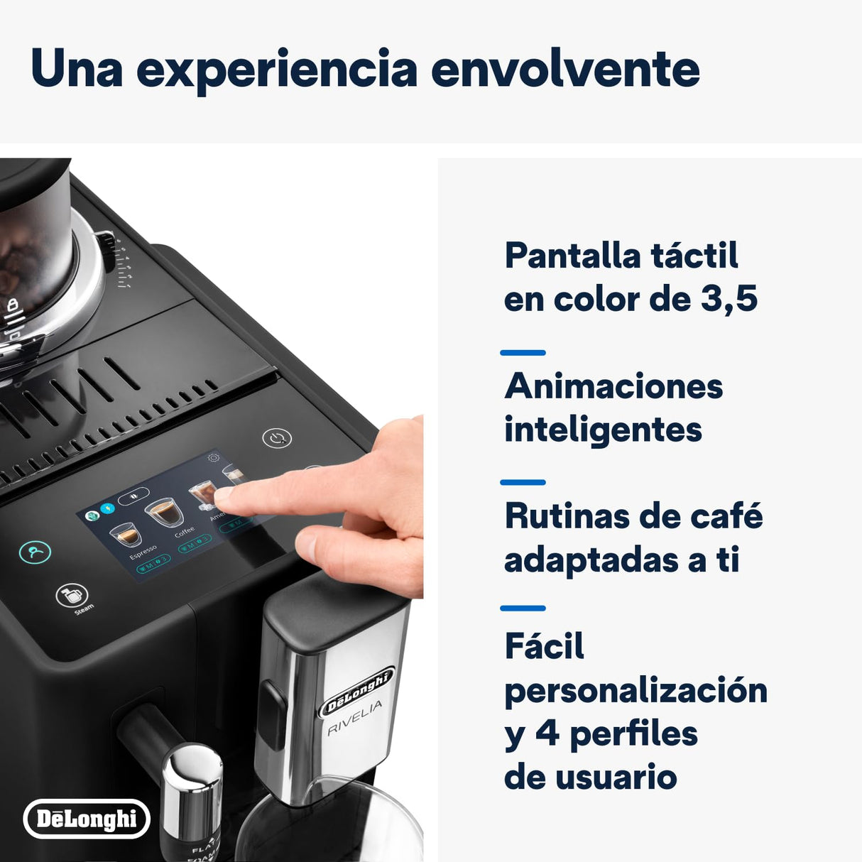 De'Longhi Rivelia EXAM440.35.B, Cafetera Superautomática con Espumador de Leche Manual, Tamaño Compacto, 8 Recetas, Pantalla Táctil a Color, Negro Ónix