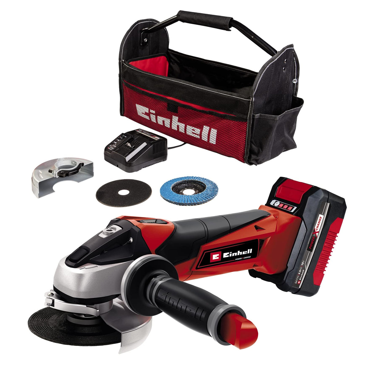Einhell Amoladora angular con batería TE-AG 18/115 Li Kit Power X-Change (18 V, 115 mm diámetro de disco, 28 mm profundidad de corte, incl. disco, 4,0 Ah batería y cargador)
