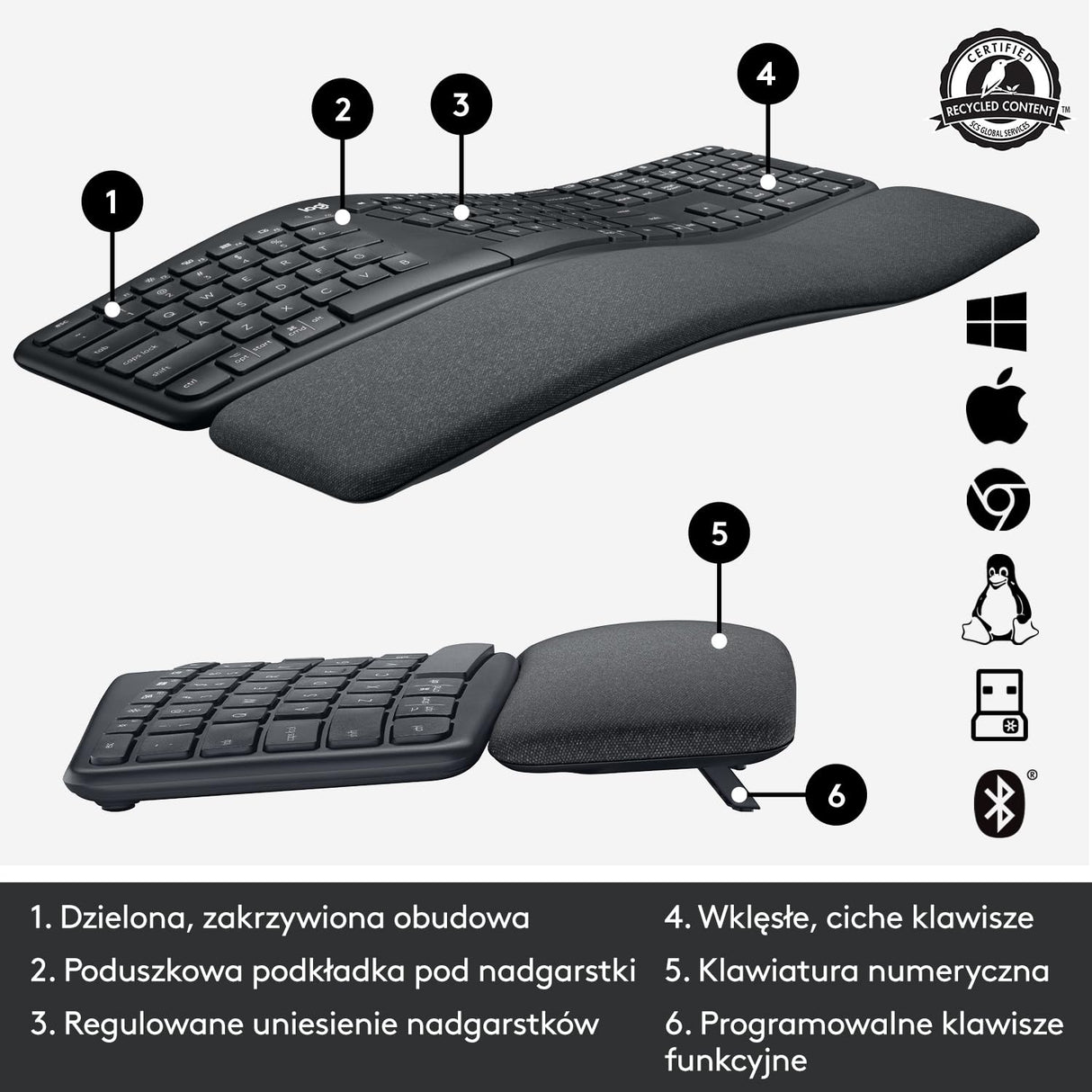 Logitech ERGO K860 for Business, Teclado partido inalámbrico - Diseño ergonómico, Tecnología Logi Bolt segura, Bluetooth, Certificación global, Windows/Mac/Chrome/Linux, QWERTY US Internacional - Gris