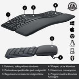 Logitech ERGO K860 for Business, Teclado partido inalámbrico - Diseño ergonómico, Tecnología Logi Bolt segura, Bluetooth, Certificación global, Windows/Mac/Chrome/Linux, QWERTY US Internacional - Gris
