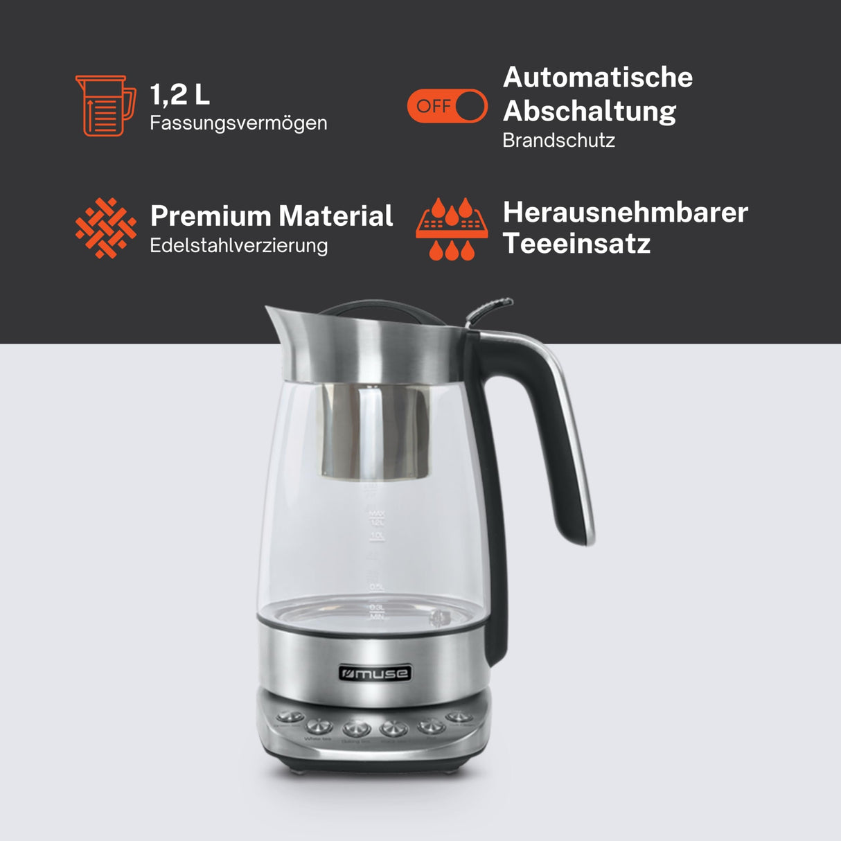 Muse MS320T. Tetera con carcasa de cristal, Función de mantener caliente, Cesta de té extraíble.