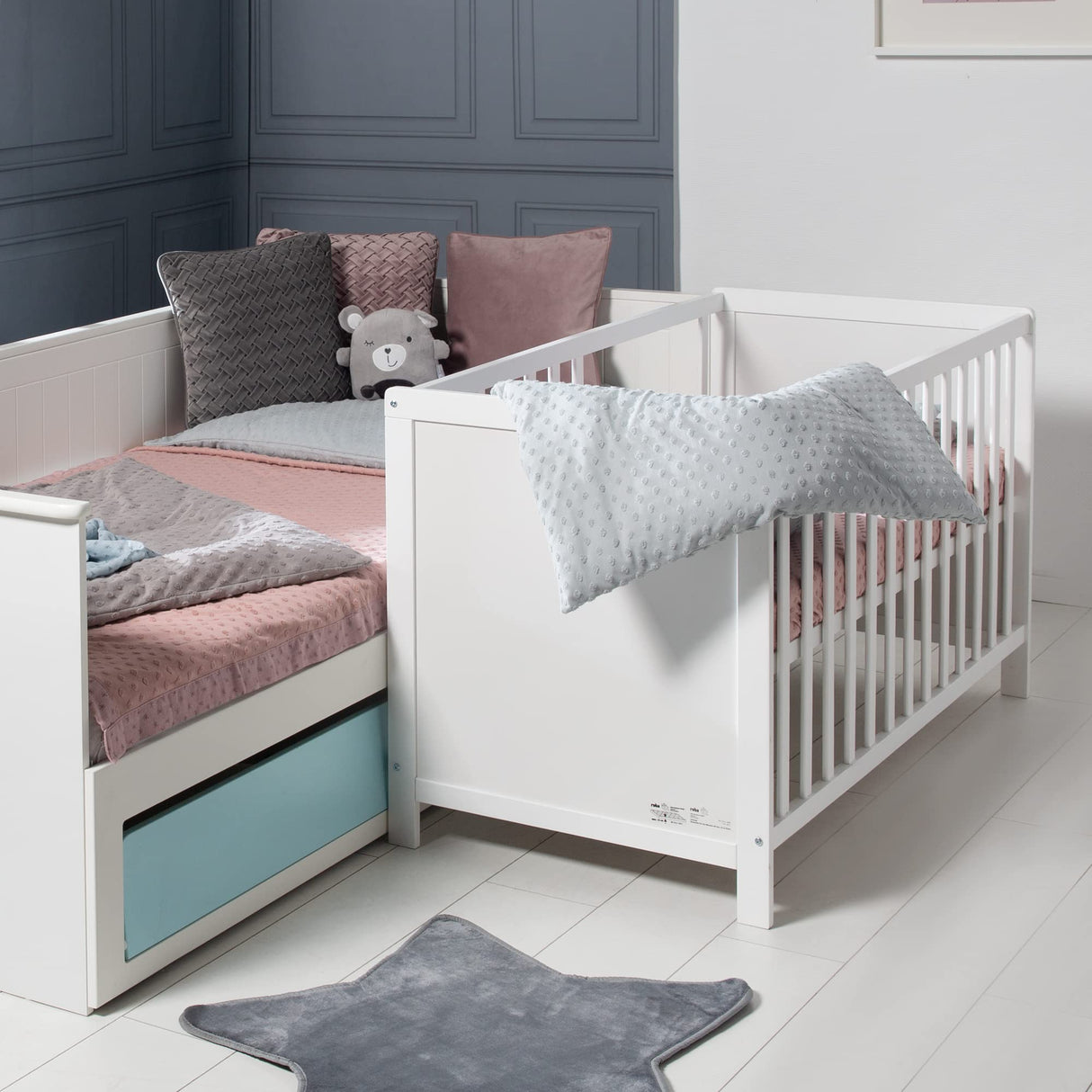 roba Cuna Colecho 60 x 120 cm, 2en1, Convertible en Cama de Bebé Independiente, Ajustable en Altura, 5 Barrotes Desmontables, Madera Blanca