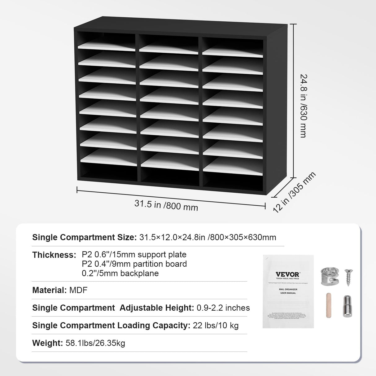 VEVOR Organizador de Literatura de Madera de 27 Ranuras de 800x305x630 mm, Estantes Ajustables de Tablero de Fibra de Densidad Media, Almacenamiento para Archivos, Documentos, Papeles, Negro y Blanco