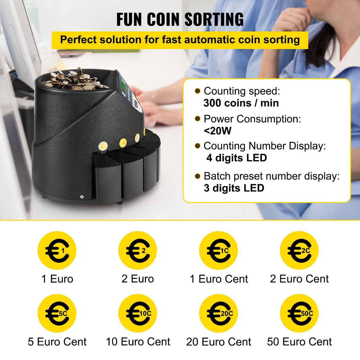 VEVOR Contador de Monedas Euro Profesional 220 V, Clasificador de Monedas Pantalla LED de 7 Dígitos 170 Monedas por Minuto, Máquina de Conteo de Monedas con 8 Cajas de Recolección de Alta Precisión