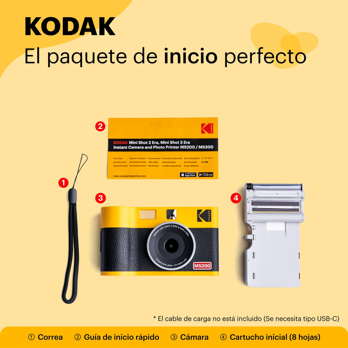 KODAK Mini Shot 2 ERA 4PASS - Cámara instantánea y Impresora fotográfica (5,3 x 8,6 cm, Impresora fotográfica + 8 Hojas, Color Amarillo)