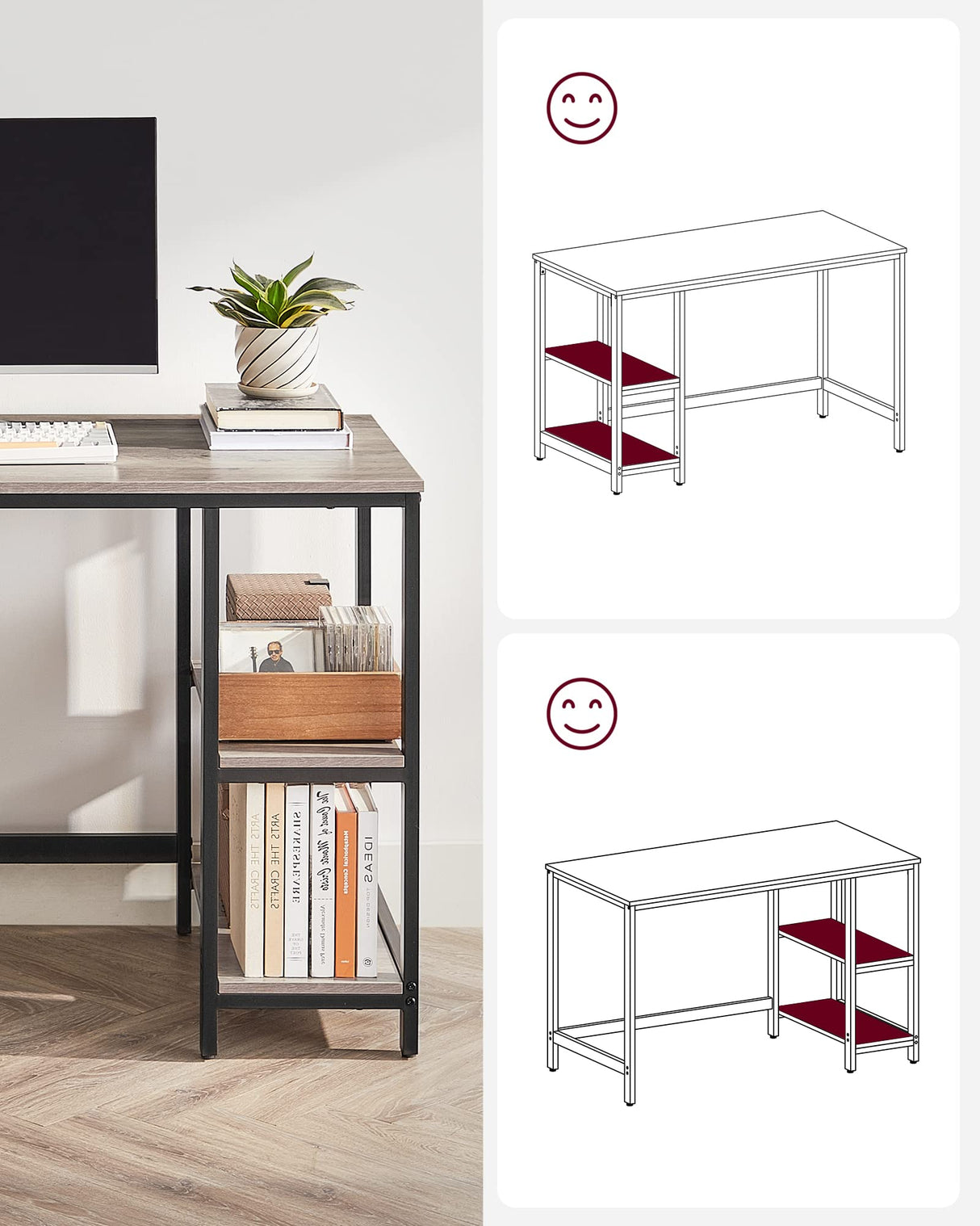 VASAGLE Escritorio, Mesa de Ordenador, con 2 Estante a la Izquierda o a la Derecha, para Oficina, Dormitorio, Estructura de Acero, Industrial, Greige y Negro LWD47MB