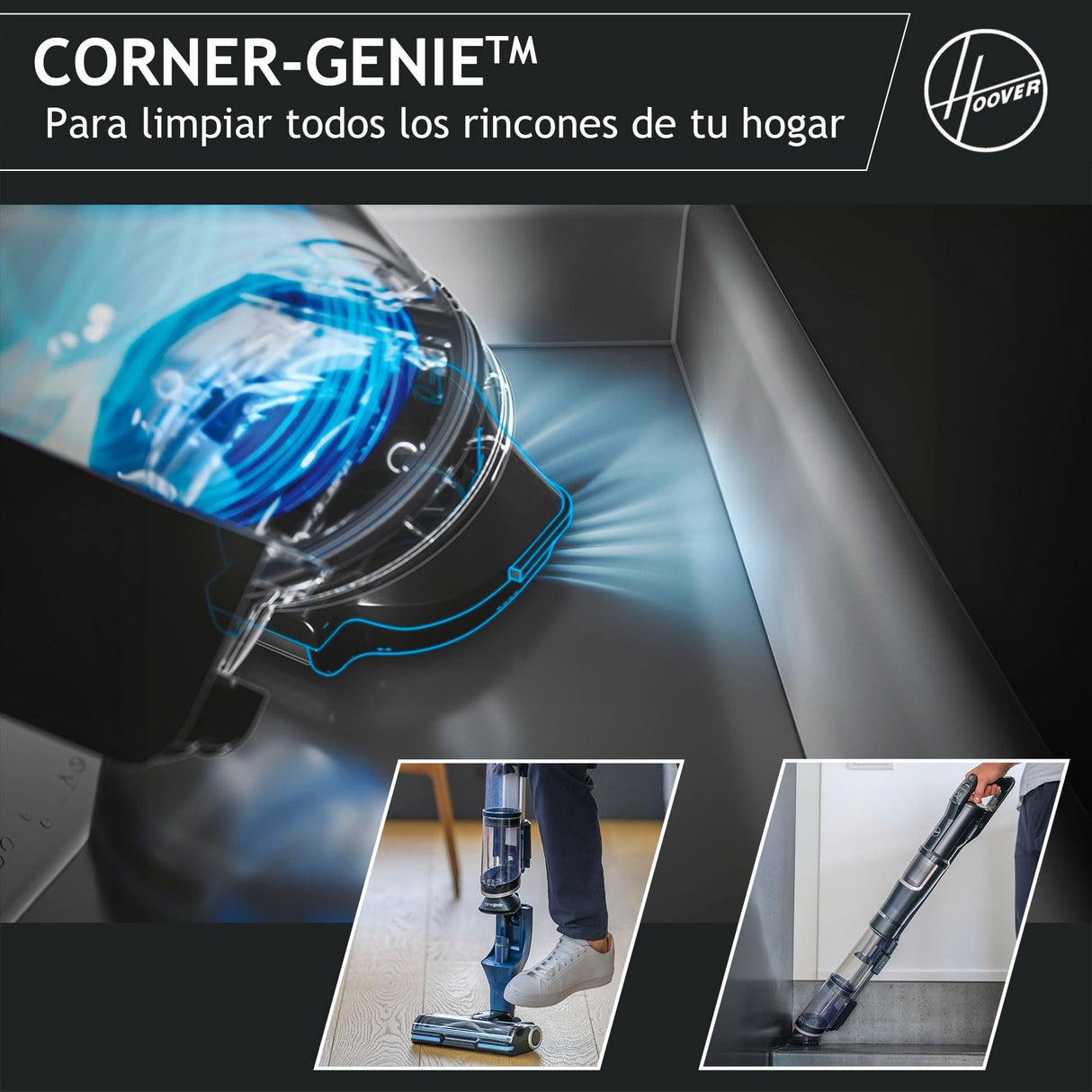 Hoover Aspiradora Escoba Sin Cable Potente con Corner Genie™ para Limpiar Todos los rincones, Accesorio para Mascotas, Cepillo Anti-Enredos, Luces LED, 2 Baterías [HFX]