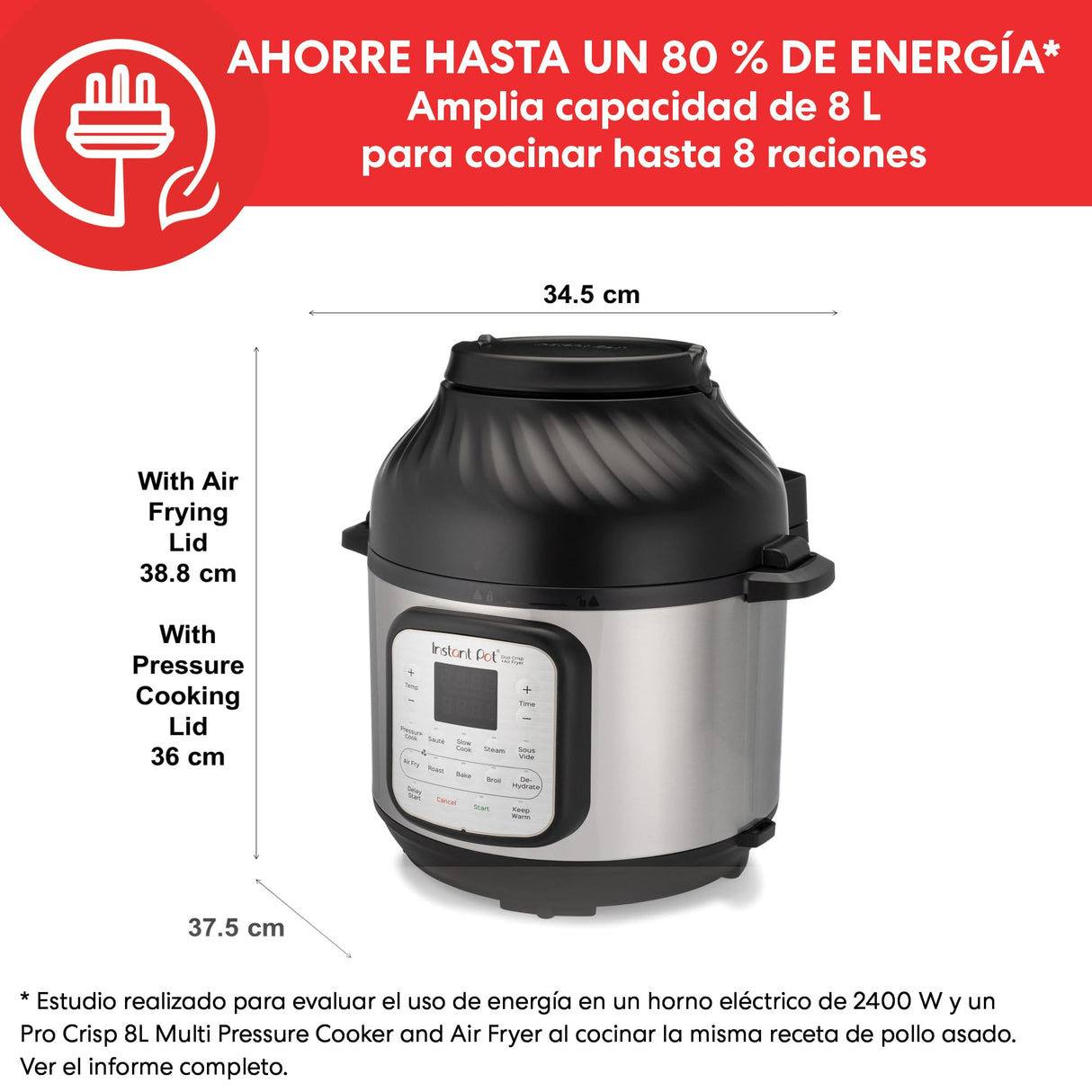 Instant Pot DUO CRISP + Air Fryer 8L, Acero inoxidable - Robot de cocina (11 funciones en 1: olla a presión, sartén, vapor, olla lenta) (140-0042-01-EU)