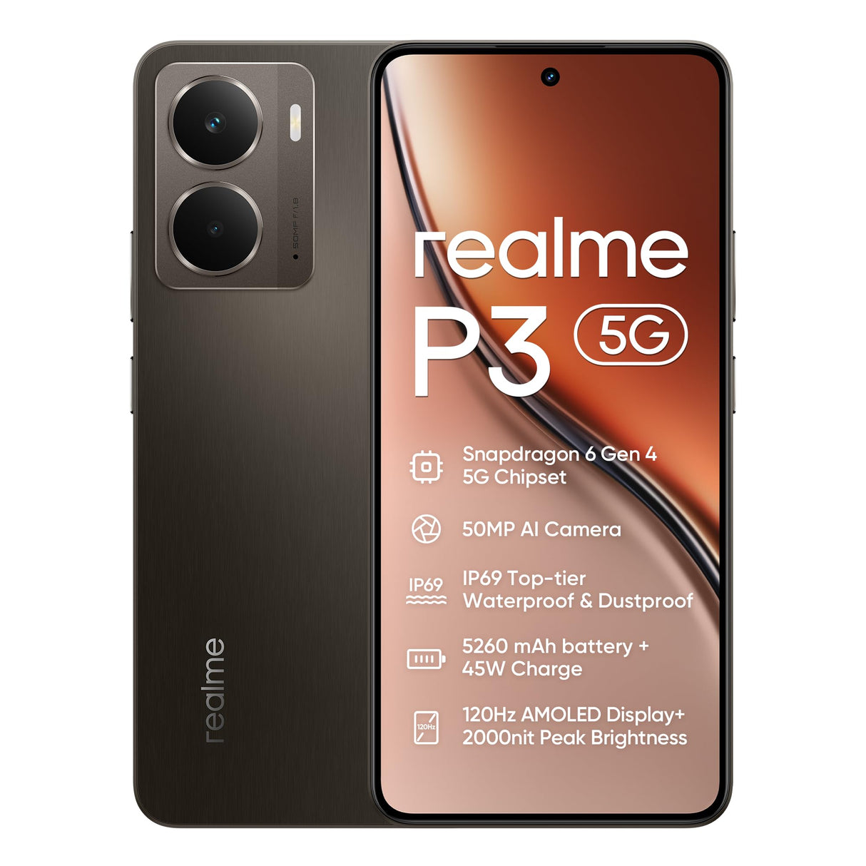 realme P3 5G Smartphone,8+256GB, Batería de 5260 mAh,Carga de 45W,Chipset Snapdragon 6 Gen 4, Cámara AI de 50MP, Pantalla Pro-Esports de 2000 nits120Hz,IP69,Gris (Sin Adaptador)