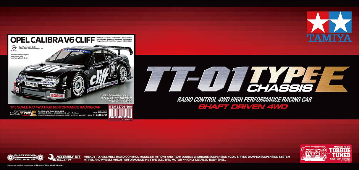 Tamiya 58701 1:10 Opel Calibra V6 Cliff (TT-01E) - Coche teledirigido, vehículo RC, modelismo, Kit para Montar, Hobby, Manualidades, Multicolor