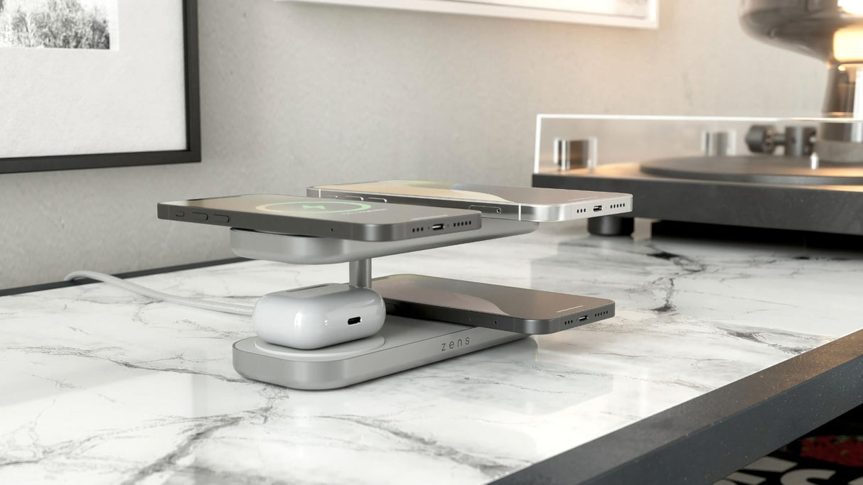 Zens Otterbox Quattro Wireless Charger Pro 4, Cargador inalámbrico MagSafe y Qi2 de 15 W para iPhone/AirPods, Incluye Adaptador de Corriente de 65 W (EU/UK/US) y Cable Integrado de 1,5 m, Blanco