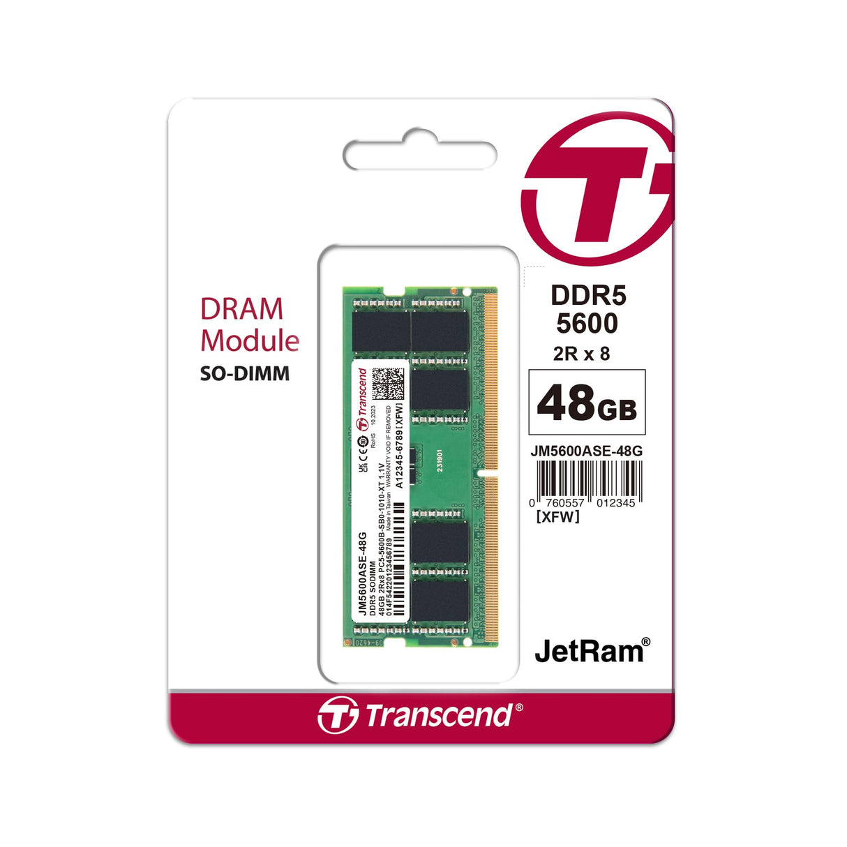 Transcend Módulo de Memoria JetRam JM5600ASE DDR5 48GB - 5600MT/s, 1.1V Bajo Voltaje, para Workstations de Alto Rendimiento/Juegos - JM5600ASE-48G