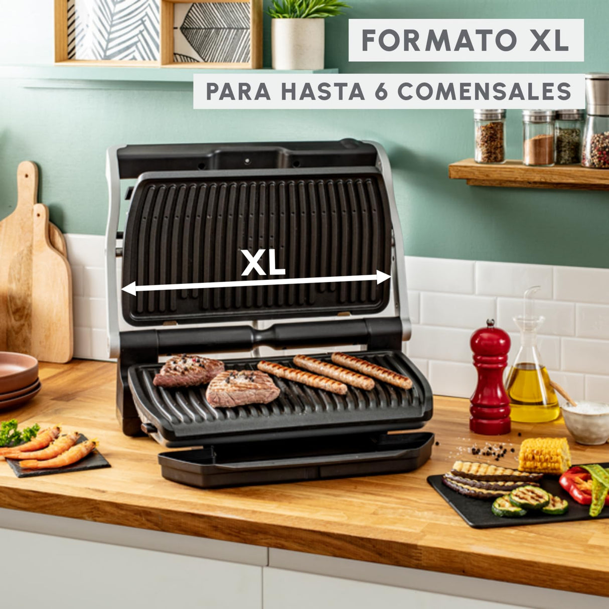 Moulinex Optigrill+ XL, parrilla eléctrica de interior, ideal para cocinar carne, pescado y verduras, indicador de cocción y 9 programas automáticos, placas antiadherentes, GI722D