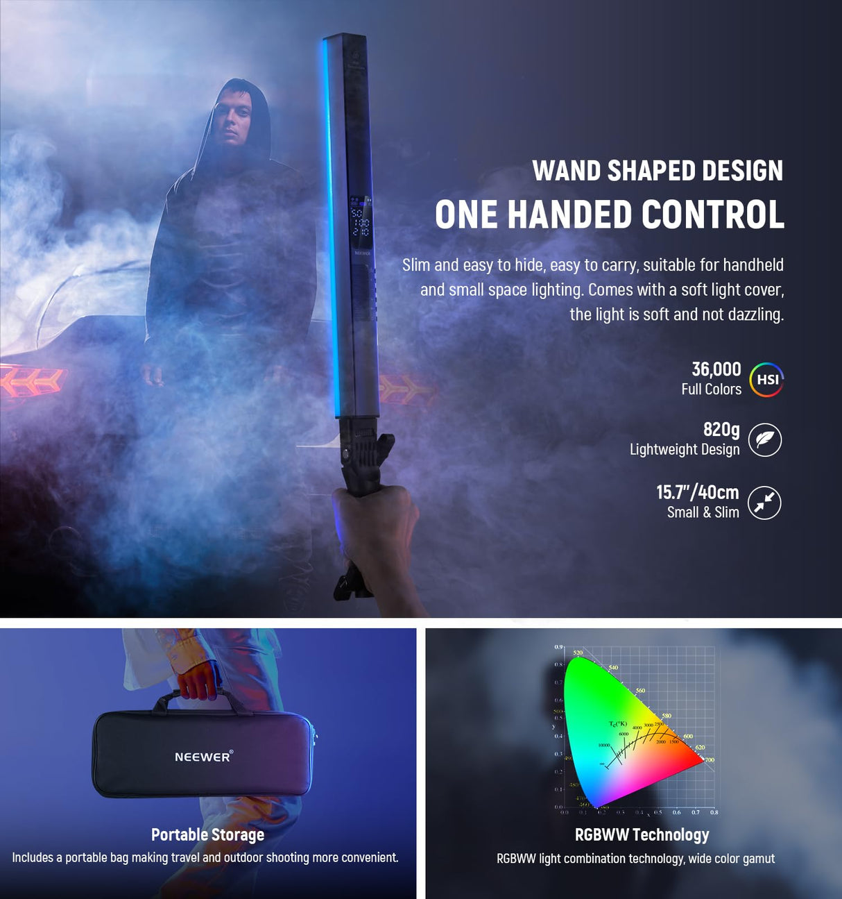 NEEWER RGB2 - Varita Luminosa LED RGB + Barndoor de Metal, Mango, Control de Barra táctil/App/2.4G, portátil magnética Recargable, Tubo para vídeo/Foto Regulable, 2500K-10000K CRI98+ 18 escenas