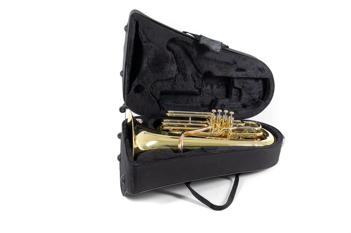 Roy Benson BBb-Tuba TB-312B (tuba premium con diámetro variable, tubo de ataque de latón dorado, 4 válvulas de acción frontal, diseño moderno, sonido profesional y comodidad de transporte en uno)