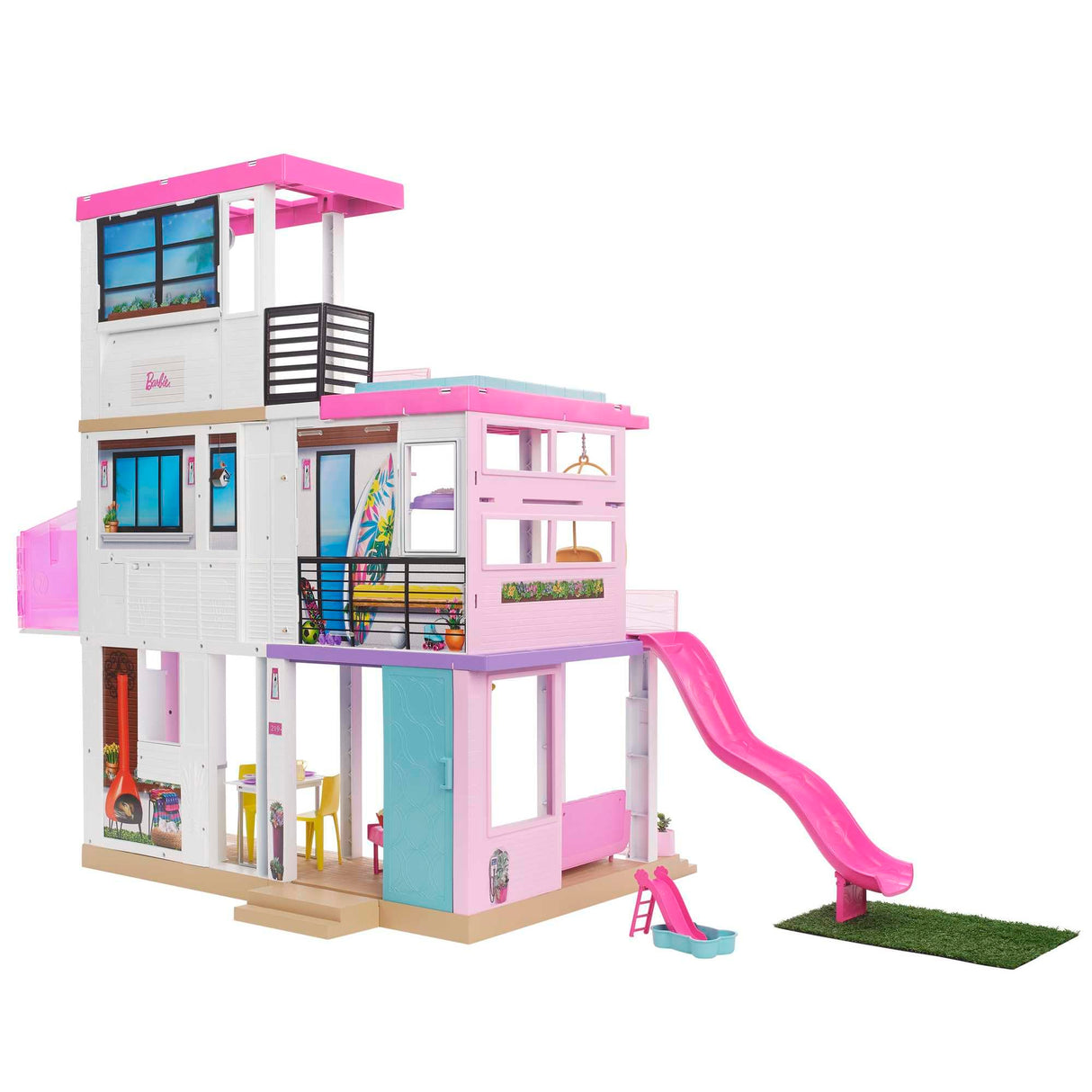 Barbie Casa de Muñecas Dreamhouse - con Piscina, Tobogán y Ascensor - Luces y Sonido - 75+ Piezas - 104 x 109 cm - Regalo para Niños de 3-7 Años, GRG93
