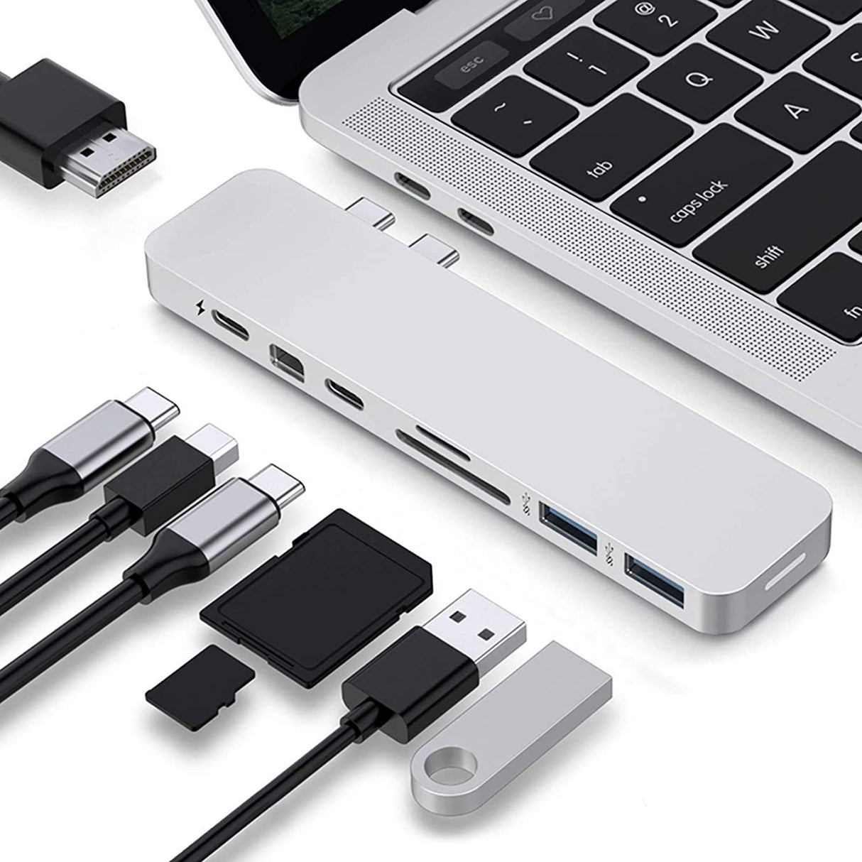 Hyper Pro - 8 en 2 con 8 HDMI 4K USB 3.0 USB-C Mini DisplayPort y Lector de Tarjetas SD y Micro SD - Plata