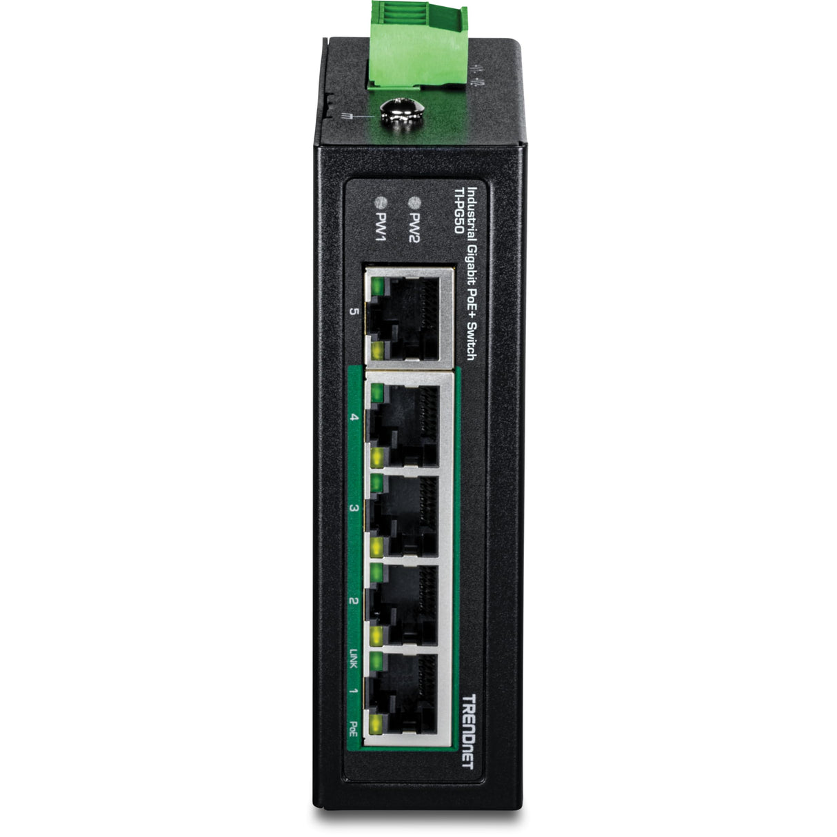 TRENDnet, TI-PG50, Conmutador Gigabit Industrial no administrado Reforzado de 5 Puertos, 10/100/1000 Mbps, conmutador DIN-Rail, 4 Puertos Gigabit PoE+, 1 Puerto Gigabit