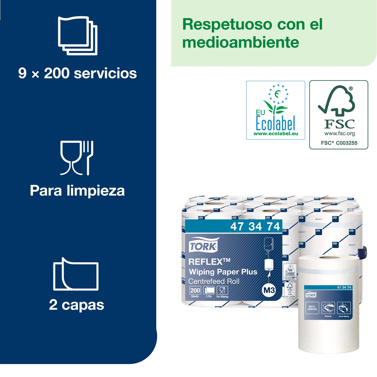 Tork 473474 Reflex Papel de secado Extra/Advanced / 2 capas/Papel multiuso compatible con el sistema M3 / 9 bobinas x 67 m de largo/color blanco