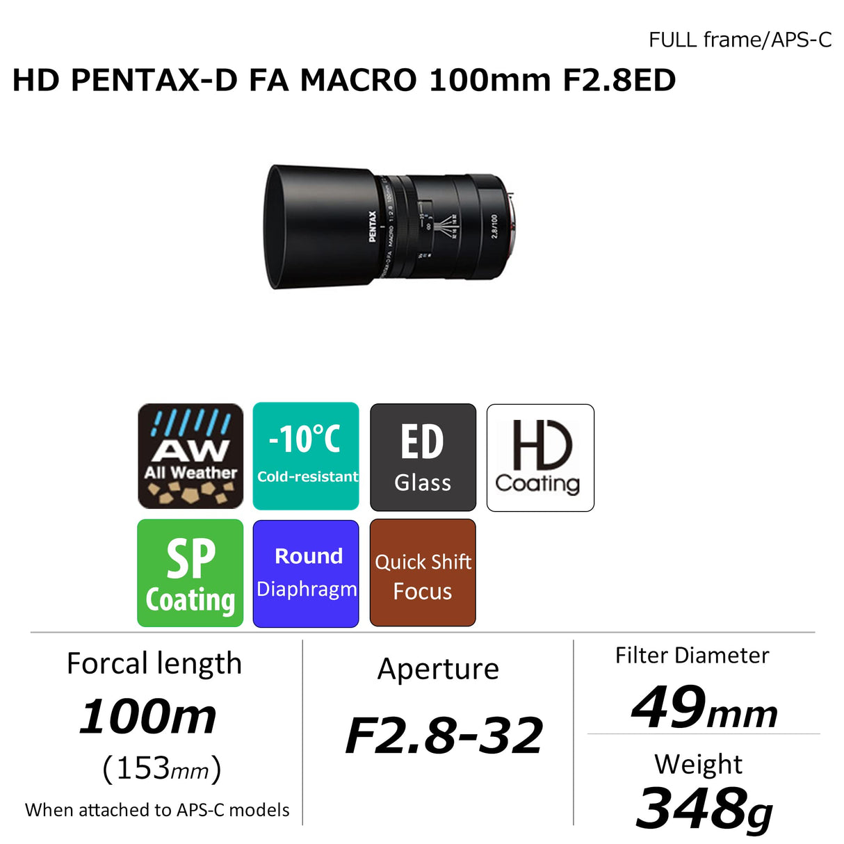 PENTAX Objectif HD DFA 100mm Macro F2.8 ED AW Noir