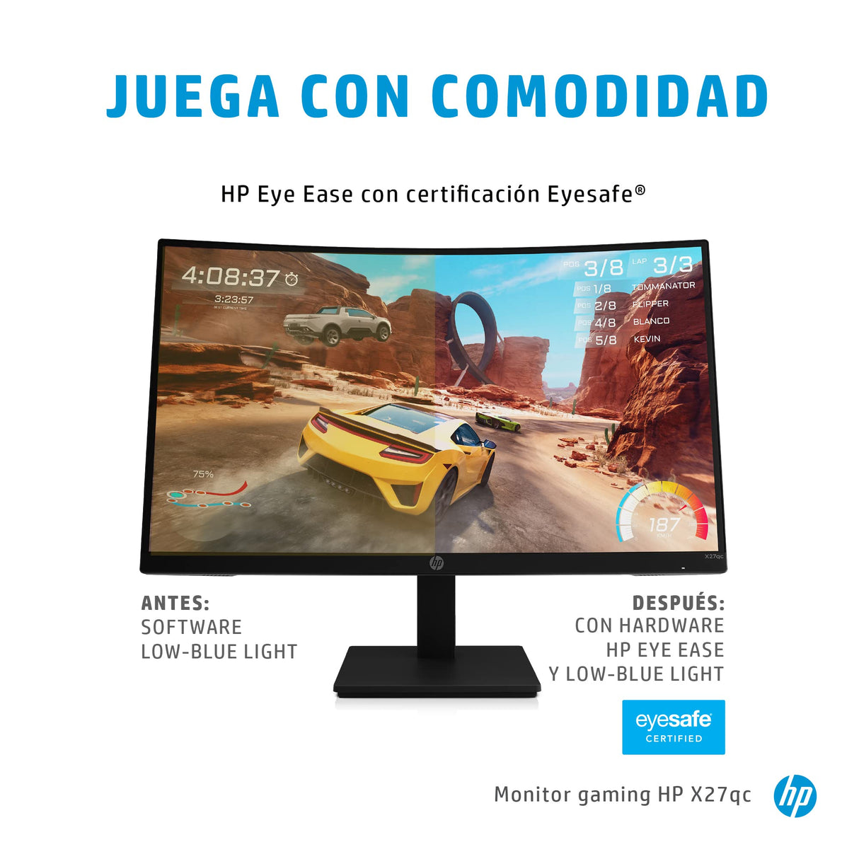 HP X27qc – Monitor Gaming de 27" Quad HD (2560 x 1440 a 165Hz, VA, Curvatura 1500R, 16:9, 1ms, HDMI, Low Blue Light, Antirreflectante, AMD Freesync Premium, Compatible con Consolas) Negro