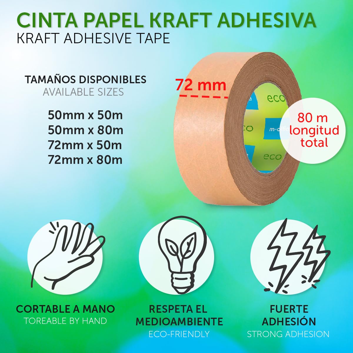 m-office Cinta Adhesiva Papel Kraft, Cinta de Embalar Adhesiva para Embalaje de Cajas, Envíos, Mudanzas y Manualidades, Cinta de Papel Embalaje, Cinta Marrón Papel Kraft (12 uds, 72mmx80m)