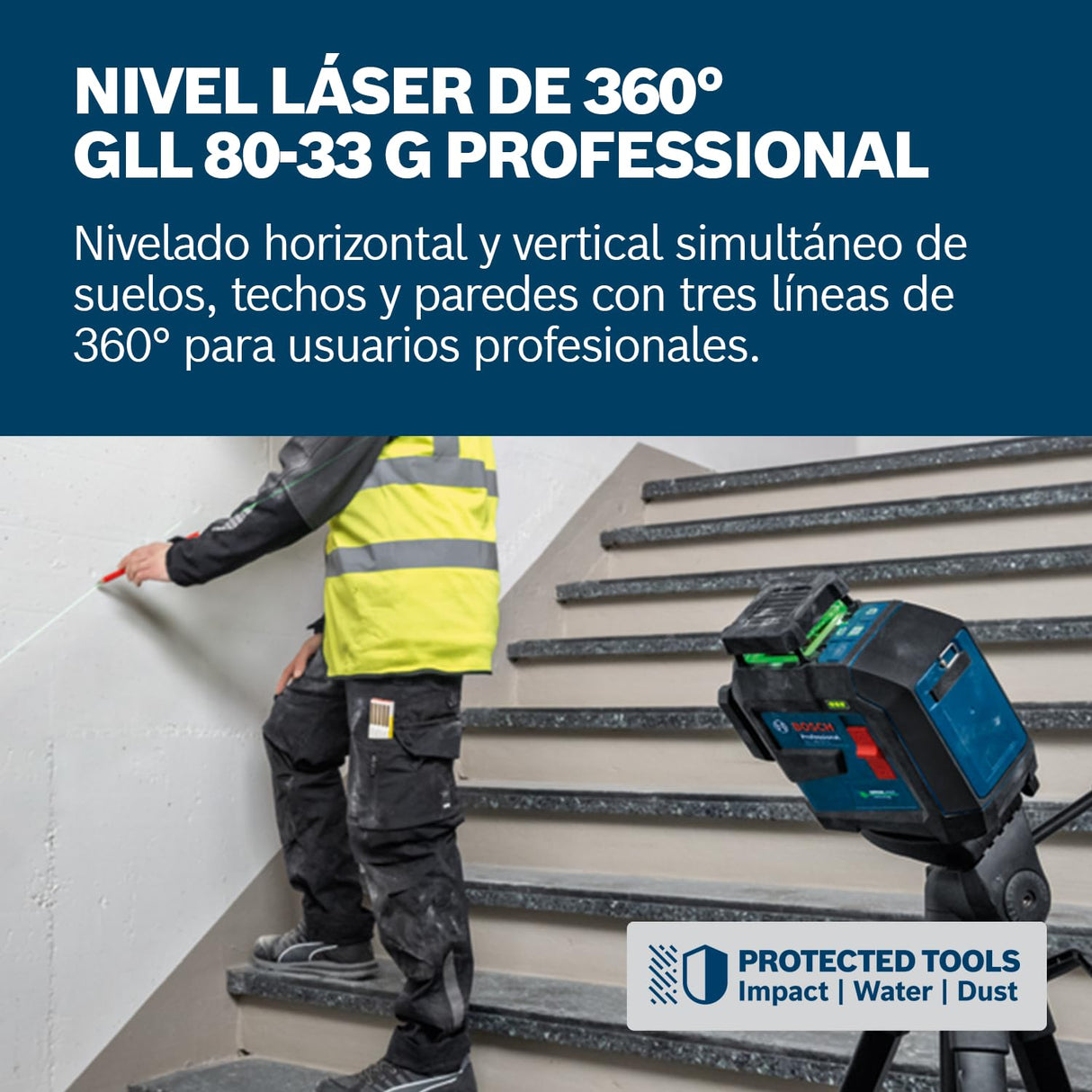 Bosch Professional Nivel láser GLL 80-33 G (soporte LB 10, láser verde, alcance de hasta 30 metros, doble fuente de alimentación, 4 pilas LR6 de 1,5 V, bolsa protectora)