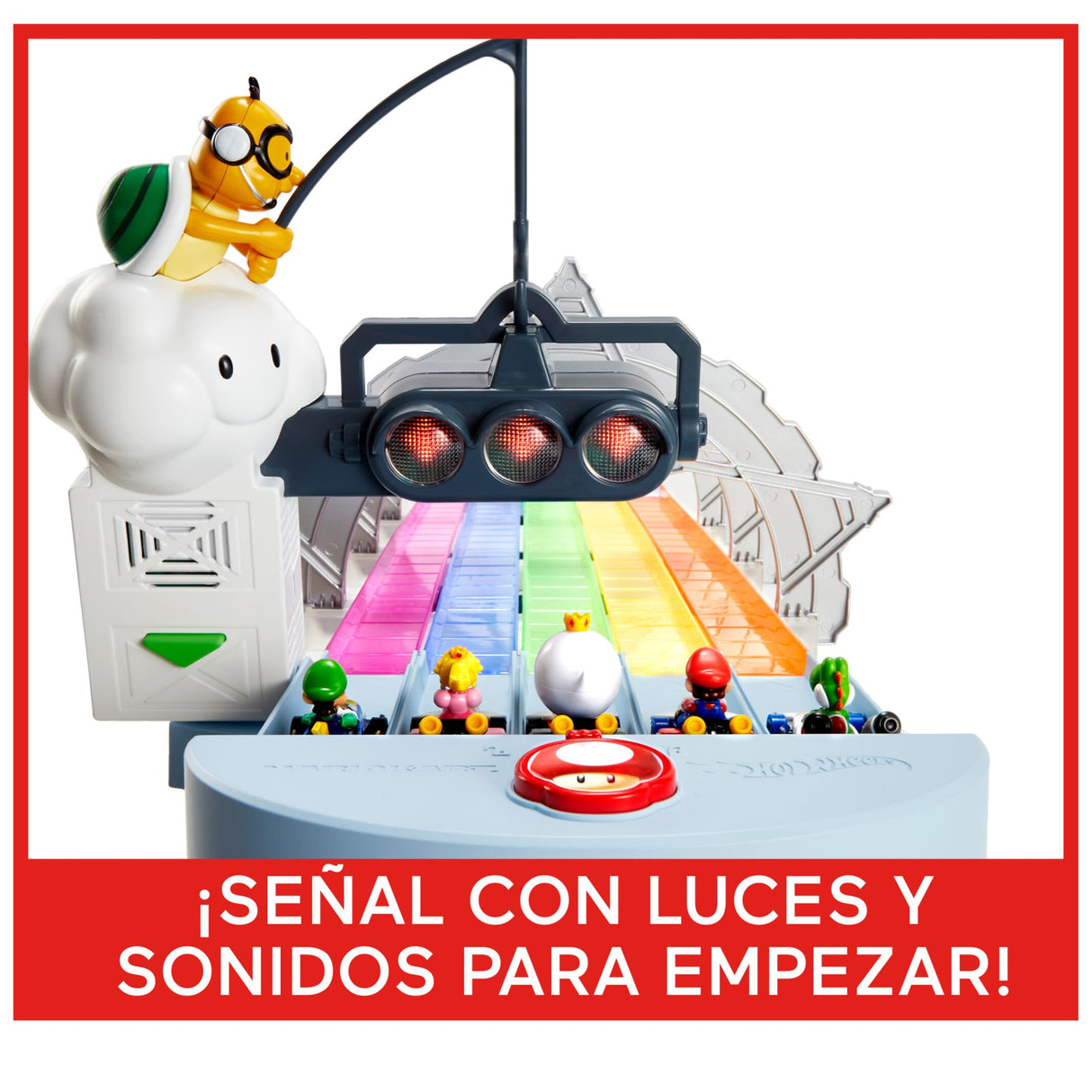 Hot Wheels Mario Kart Pista Arcoiris de Coches de Juguete con Luces y Sonidos, Incluye 2 vehículos Personaje Die-Cast (Mattel GXX41)