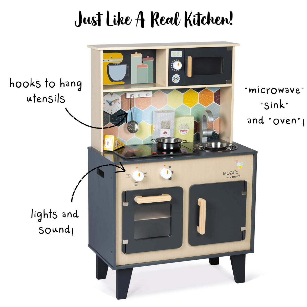 Janod - La Gran Cocina Mozaïc - Cocina de madera para niños - Cocina equipada con luz y sonido - Cocina de madera con 3 accesorios + 3 cajas de cartón para comida - A partir de 3 años,J06609