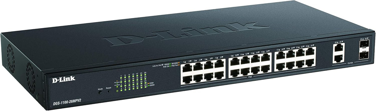 D-Link DGS-1100-26MPV2, Smart Switch 26 Gigabit Ports, Combo, PoE, Power Over Ethernet, Web Management, Layer 2, VLAN, Fanless, IGMP Snooping, VoIP VLAN, QoS, Network Security, Rack Mount