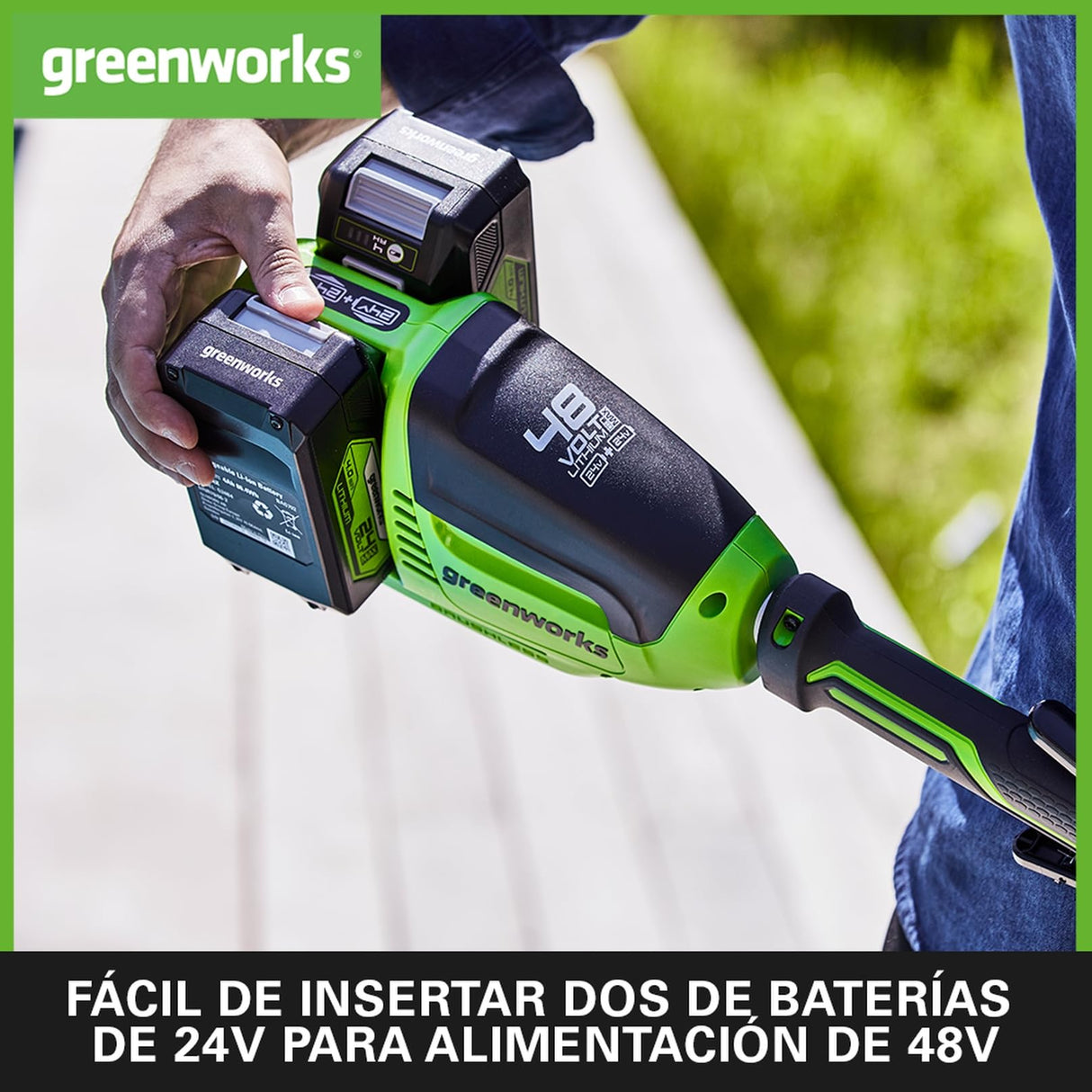 Greenworks Recortadora de hilo con batería GD24X2TX, Li-Ion 24V ancho de corte 40cm 5600 rpm diám. hilo 2mm empuñadura auxiliar ajustable varilla de 2 piezas con 2 baterías 4Ah y cargador doble