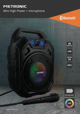 Metronic 477188 - Altavoz Bluetooth Potente 45W portatil, led Lights, toma USB, Micro-SD, AUX-IN, entrada para micrófono, micrófono incluido, radio FM, con asa ergonómica para fácil transporte