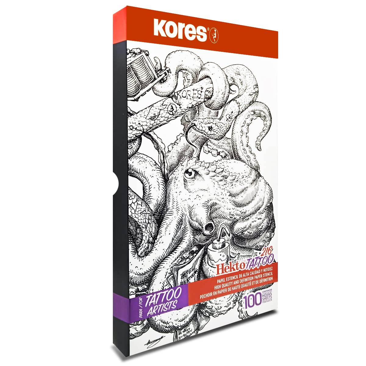 Kores - Papel de tatuaje - Hekto 216 - Papel de transferencia, plantilla con tinta morada para kit de tatuaje - No tóxico - Papel de plantilla de tatuaje - 21,5 x 36,8 cm - Caja de 100