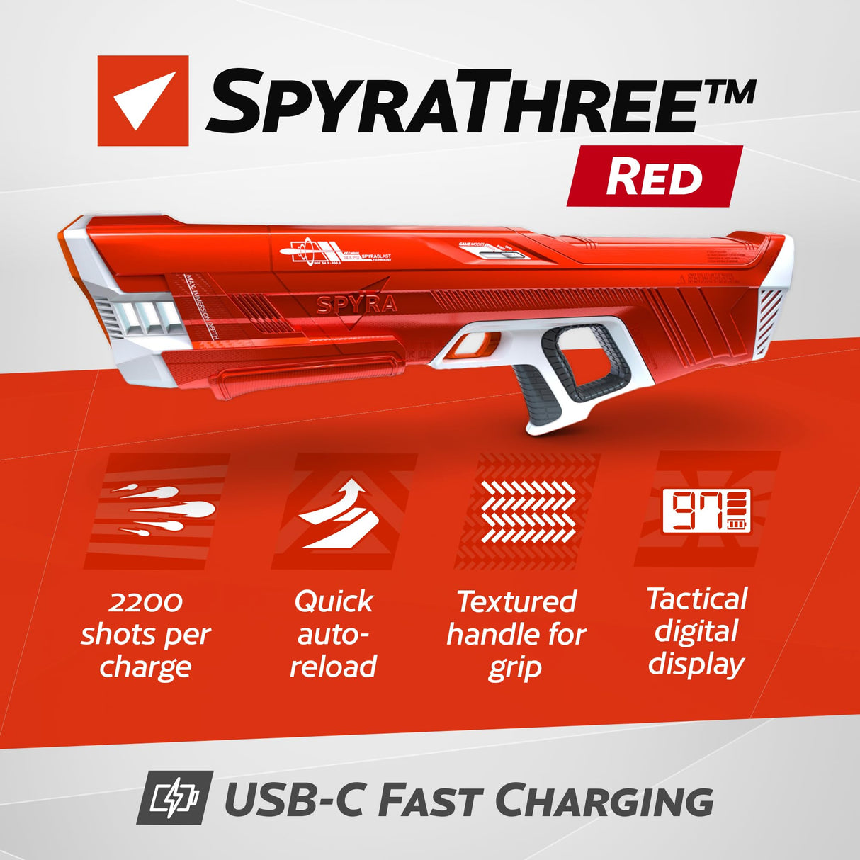 SpyraThree Potente Pistola eléctrica de Agua, Recarga automática, 3 Modos de Juego, indicador LED de Disparo y batería, Alcance de 15 Metros (Rojo)