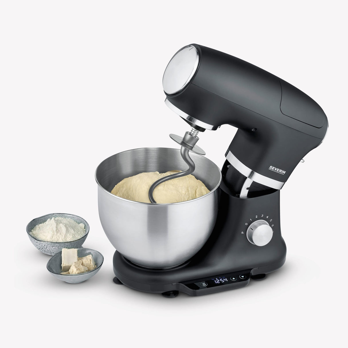 SEVERIN Robot de cocina con báscula, amasadora profesional hasta 3kg, robot multifunción con gancho amasador, batidor plano y varillas, 1000 W, negro mate/acero inoxidable, KM 3898
