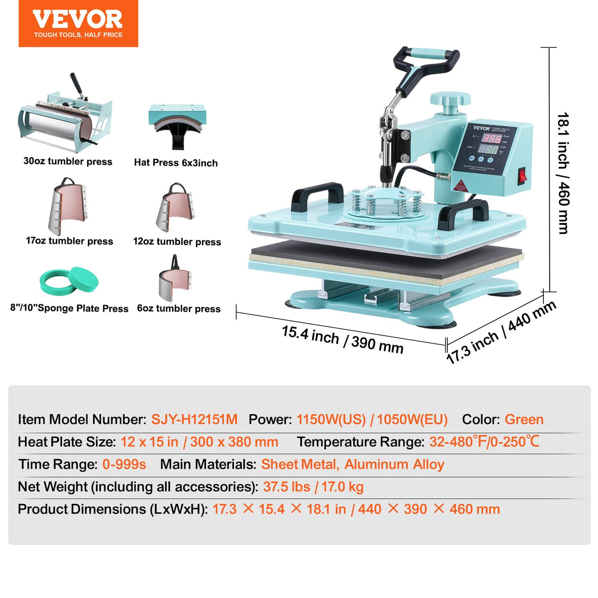 VEVOR 8 en 1 Máquina de Prensado por Calor con Prensa de Vaso de 887 ml, 300 x 380 mm, Prensa Térmico con Giro de 360° con Control Digital Preciso para Camiseta, Taza, Sombrero y Plato, Verde