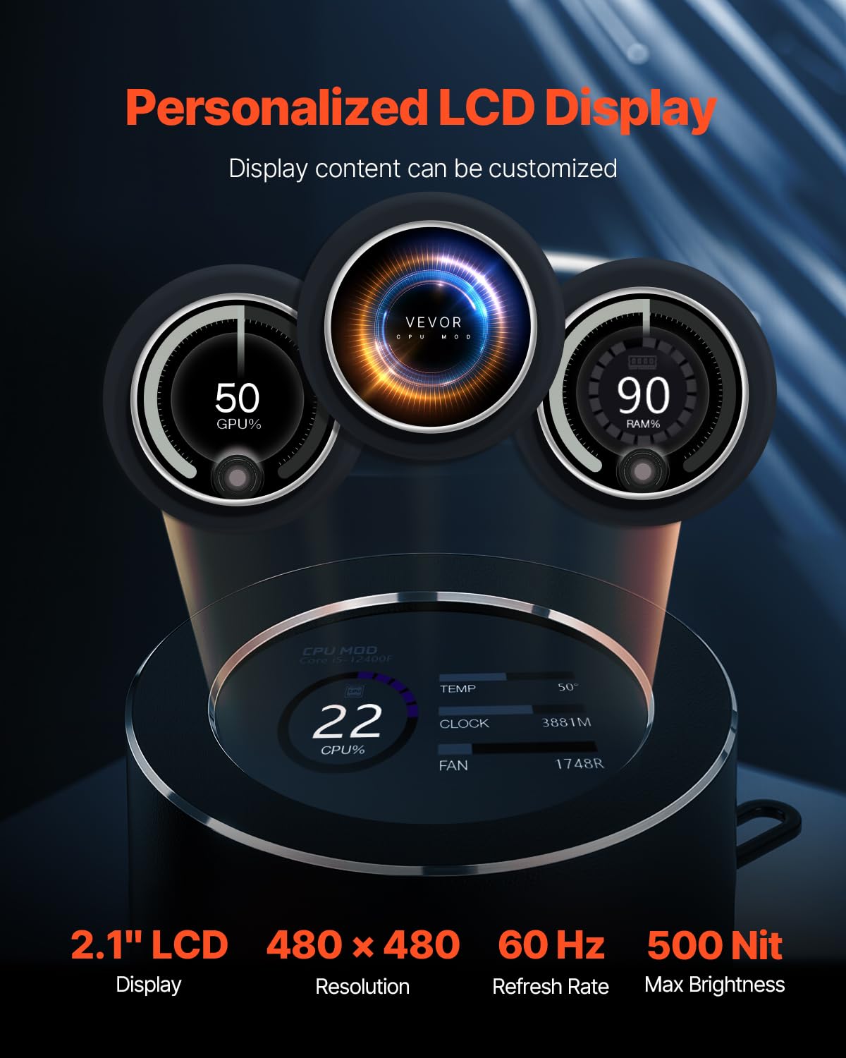 VEVOR Enfriador de Líquido para CPU, 2 Ventiladores y Bomba PWN de 120 mm, Enfriador de Agua para CPU con Pantalla LCD de 2,1" y Luz ARGB, para Intel 115X/1366/2011/1700/1200, AMD AM4/AM5, Negro