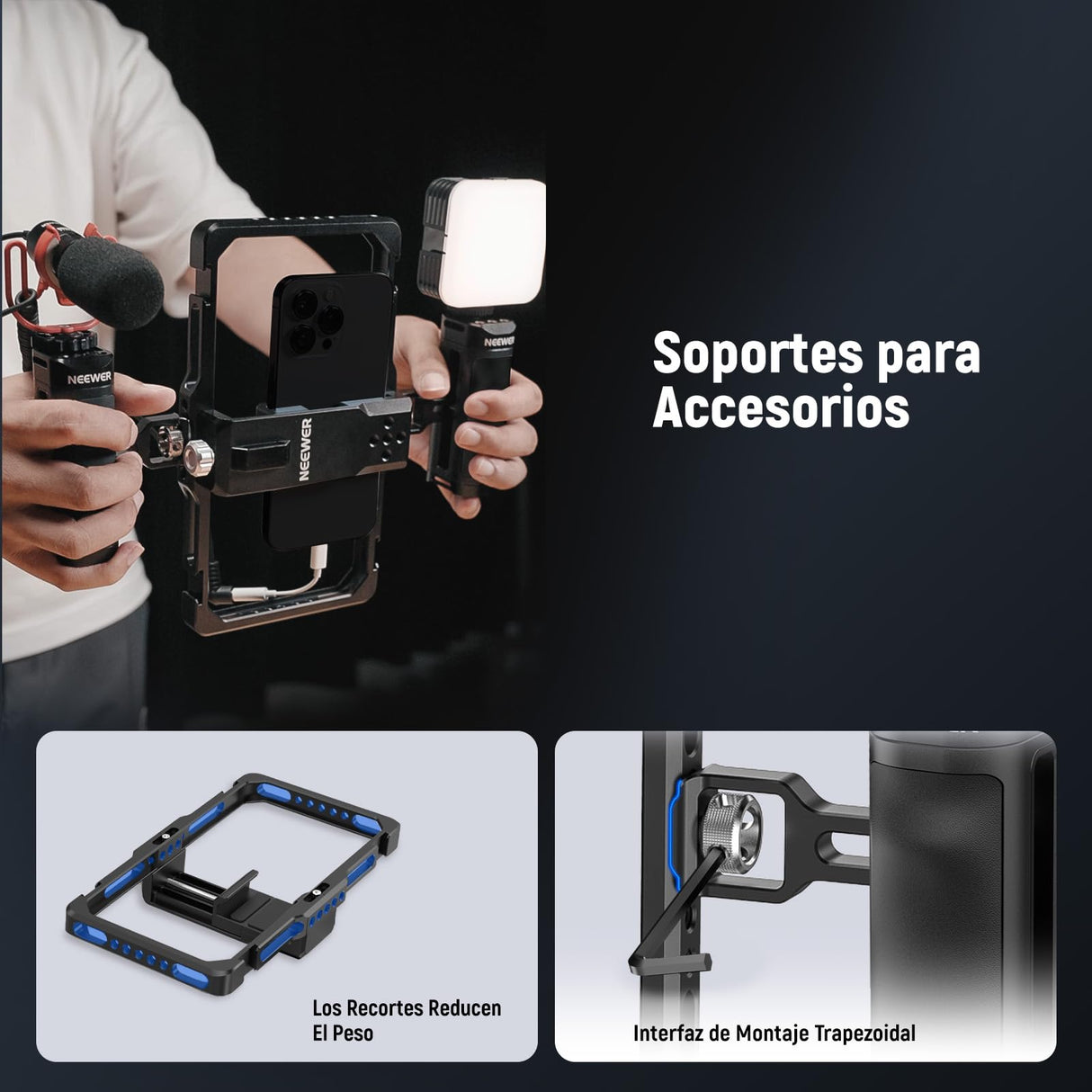 NEEWER Jaula Universal para teléfono móvil, estabilizador de vídeo, iluminación con Disparador Bluetooth, Mango Lateral, luz LED, micrófono USB C, Compatible con iPhone 16 Pro MAX 15 Pro MAX S24