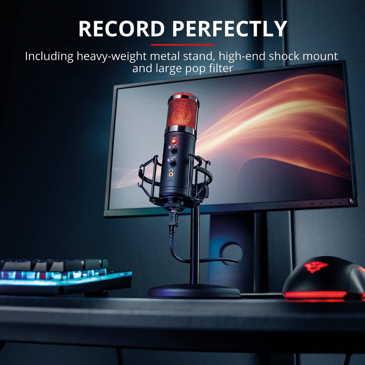 Trust Gaming GXT 256 Exxo Micrófono USB, Patrón Cardioide, con Filtro Pop, USB, RGB, Micrófono Streaming para Grabación, Podcasting, Radiodifusión, PC, PS4 y PS5 - Negro