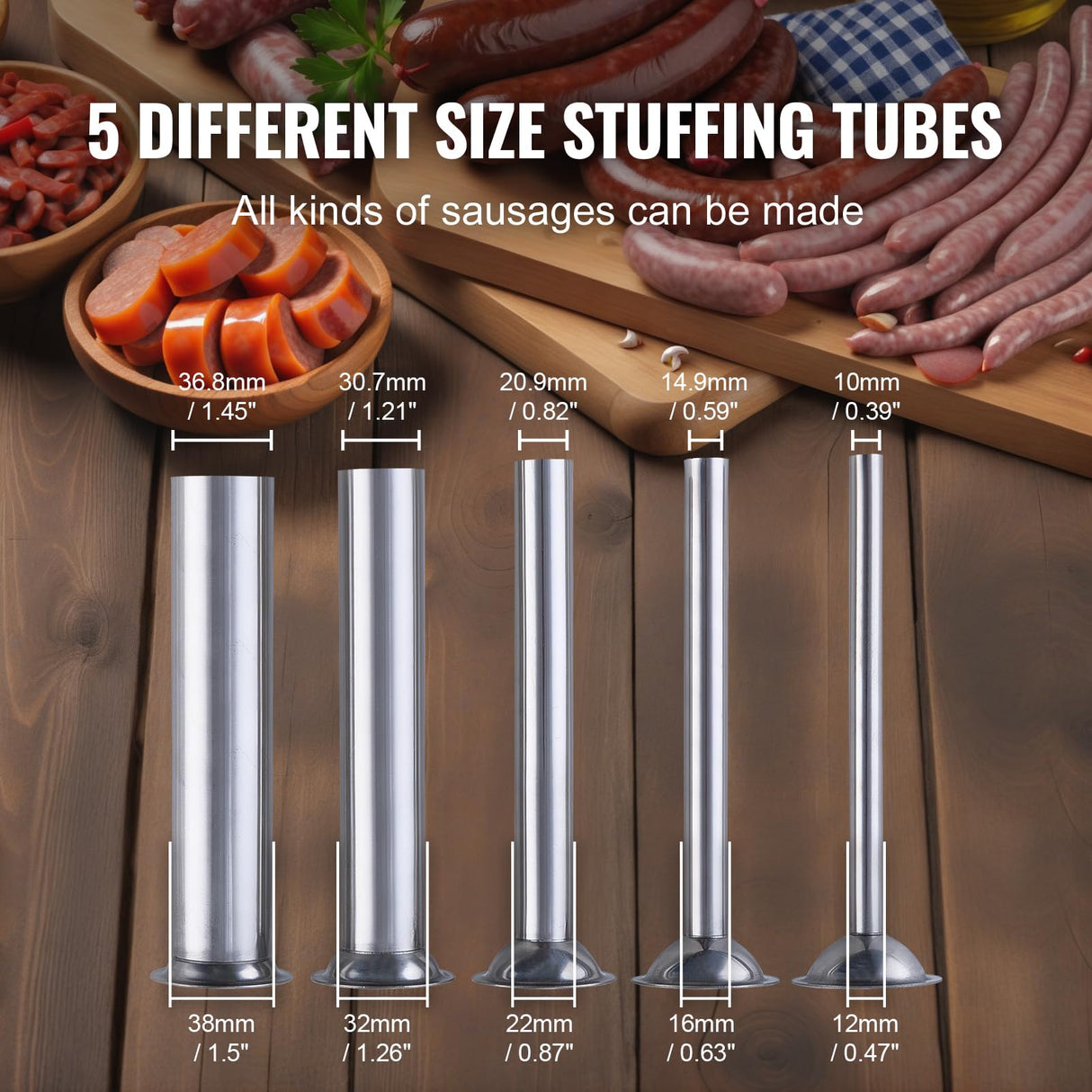 VEVOR Embutidora Manual de Salchichas Capacidad de 10 L Máquina de Salchichas Vertical de Acero Inoxidable con 5 Tubos de Relleno para Churros Salchichas para Restaurante Supermercado Cocina
